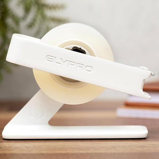ELYPRO Modern Tape Dispenser for Office Desk - Elegant and Minimalist Design, Heavy Metal Made, Space-Saving, Perfect for Office & Home Use or as a Stylish Gift - Bonus Tape Roll Included (White)-DeskLoop Office