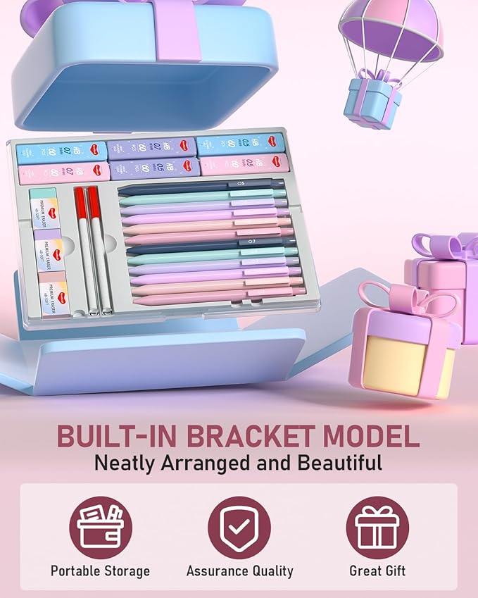 12PCS 0.5 & 0.7 mm Mechanical Pencils Set with Case, Cute Pastel Mechanical Pencil with 720PCS HB Lead Refills, 3 Erasers, Aesthetic Back to School Supplies for Student Writing Drafting-DeskLoop Office