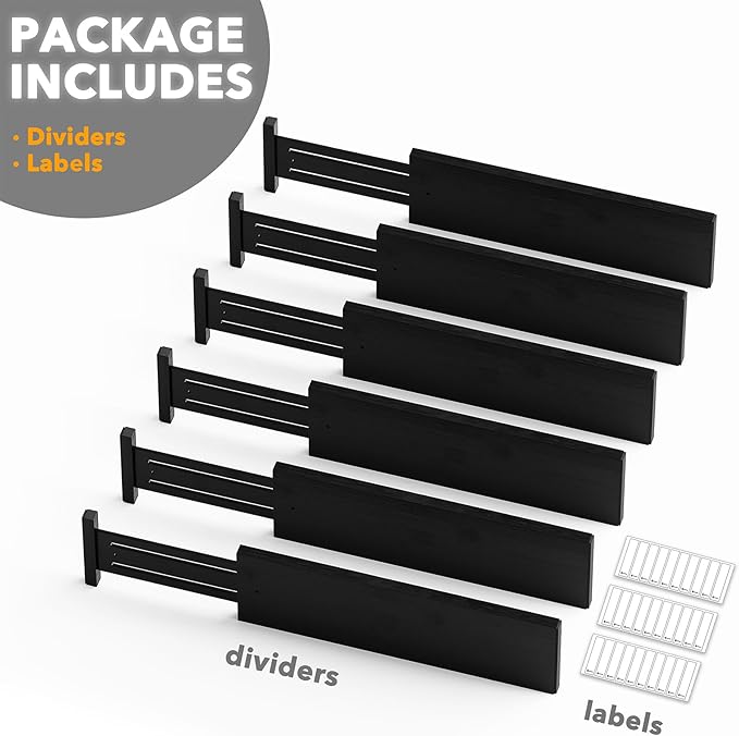 SpaceAid Bamboo Dresser Drawer Dividers 6 Pack, 4.65“ High Adjustable 17“-22” Drawer Organizers, Expandable Organization for Clothing, Clothes, Dressers, Black-DeskLoop Office