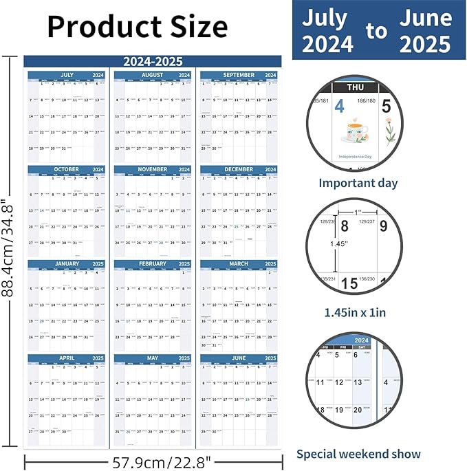 2024-2025 Wall Calendar 34.8" x 22.8" Large Vertical Yearly Wall Hanging Calenda with Julian Date from July 2024 to June 2025 Thick Paper Calendar 12 Month Annual Planner for Office Fridge(Blue)-DeskLoop Office