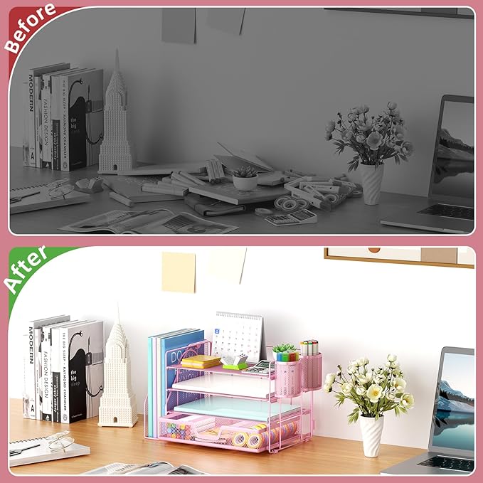 Marbrasse Desk Organizer and Accessories,4-Tier Paper Letter Tray Organizer with File Holder, Workspace Desk Organizers Accessories with Drawer and 2 Pen Holder (Pink, 15.4" x 9.1" x 8.3")-DeskLoop Office