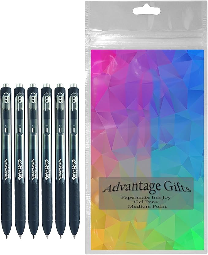 Paper Mate InkJoy Gel Pens, Black Ink, Medium Point (0.7mm), 6 Count, Bundle with Plastic Reusable Pouch-DeskLoop Office