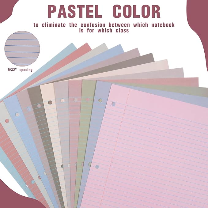 PerKoop 600 Sheets Colored Loose Leaf Paper 8.5" x 11" college ruled Lined 3 Hole Punched notebook Filler Paper for 3 Ring Binders Office School Supplies (Sweet Color)-DeskLoop Office