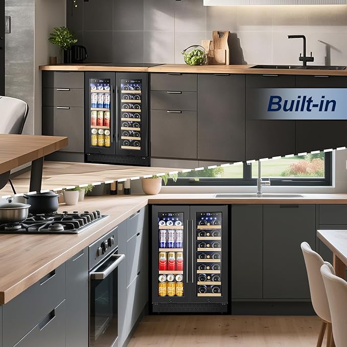 Wine and Beverage Refrigerator with Glass Door, 24-Inch Dual Zone Wine Fridge Under-Counter,4.6 Cu.Ft. 65 Cans and 20 Bottles Wine Cooler,Built-in or Freestanding Wine and Drink Fridge with Blue Light-DeskLoop Office