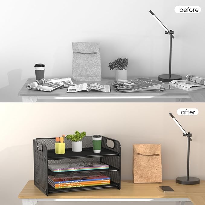 Samstar 3 Tier Letter Tray Paper Organizer with Handle, Mesh Desk Organizer Paper Sorter File Rack Shelves, Black-DeskLoop Office