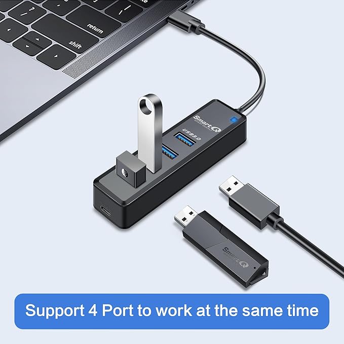 SmartQ H302 4-Port USB 3.0 Hub Long Cable 1ft 3ft with Micro-B Charging Port, Fast Data Transfer USB Hub, Compatible Windows PC, Mac, Surface Pro, Laptop, Printer (USB C - 0.5ft)-DeskLoop Office