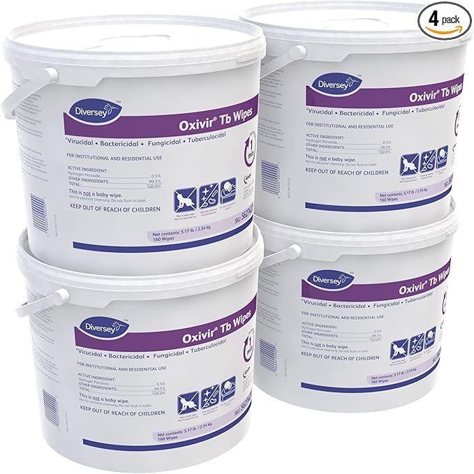 Oxivir Diversey Tb 5627427 Ready-to-Use Disinfectant Cleaning Wipes, Accelerated Hydrogen Peroxide, 11x12-Inch Extra Large Sheets, 160-Wipes, 1-Bucket (Pack of 4)-DeskLoop Office