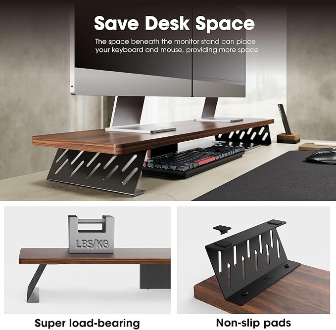 Fenge Dual Monitor Stand Riser, 42.5 Inch Desk Top Shelf for 2 Monitors, Computer Stands for Desk, Wood & Steel Desktop Riser for Laptop, PC, Printer-DeskLoop Office