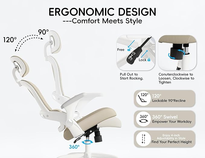 TRALT Office Chair - Ergonomic Office Chair with Back Support, Computer Chair - Home Office Desk Chairs, 330lbs Wide Seat Big and Tall Office Chairs with Headrest, Comfy Desk Chairs (Beige)-DeskLoop Office