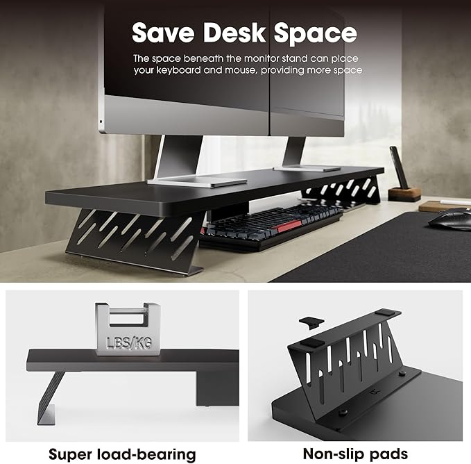 Fenge Dual Monitor Stand Riser, 42.5 Inch Desk Top Shelf for 2 Monitors, Computer Stands for Desk, Wood & Steel Desktop Riser for Laptop, PC, Printer-DeskLoop Office