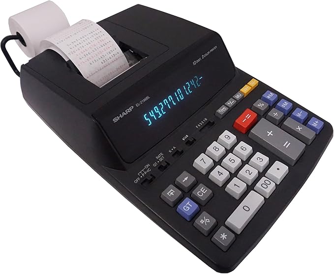 Sharp 12-Digit Print Calculator Desktop Size Adding Machine, Perfect for Everyday Use and Office, Bright, Large Easy-to-Read Numbers on Both The Display and The Two-ColorPrinted Tape (EL2196BL)-DeskLoop Office