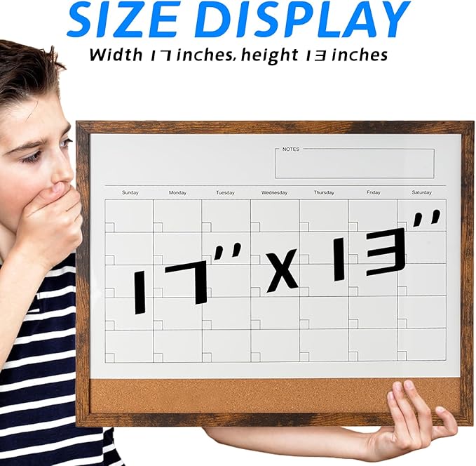 Dry Erase Calendar Whiteboard, 17" x 13" Magnetic Whiteboard Cork Board Combo, Reusable Monthly Planner with 8 Markers, Eraser, Magnets and Pushpins, Hanging Dry Erase Board for Home, School - Brown-DeskLoop Office
