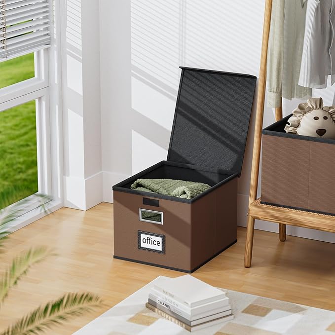 Huolewa File Organizer Boxes with Lids, Collapsible Faux Leather Hanging File Folder Box Organizer with Plastic Slide, Decorative Home/Office Filing System Boxes for File and Folders Storage-DeskLoop Office