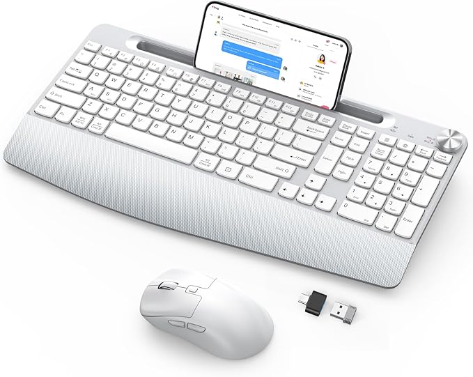 Wireless Keyboard and Mouse - Full-Sized Ergonomic Keyboard with Wrist Rest, Phone Holder, Volume Knob,2.4GHz Silent Cordless Keyboard Mouse Combo for Computer, Laptop, PC, Mac, Windows -White-DeskLoop Office