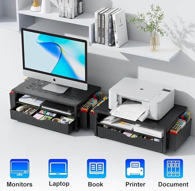 gianotter Desk Organizers and Accessories, Monitor Stand with Drawer and 2 Pen Holder, Desktop Organizer Suitable for Offices and Dormitories (Black)-DeskLoop Office