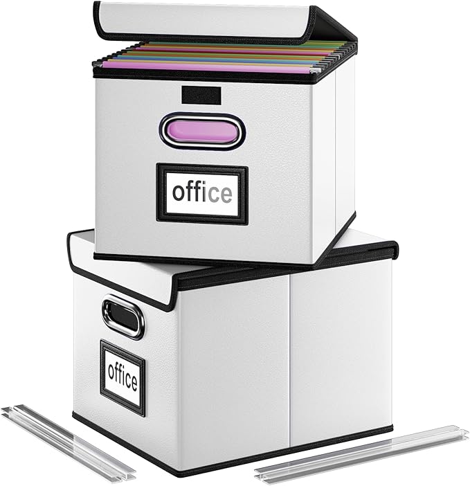 Huolewa Portable Leather File Organizer Boxes with Lids, Collapsible File Folder Organizer Boxes, Decorative Small Filing File Cabinet for Home/Office, Easily Store Documents/Hanging File Folders-DeskLoop Office