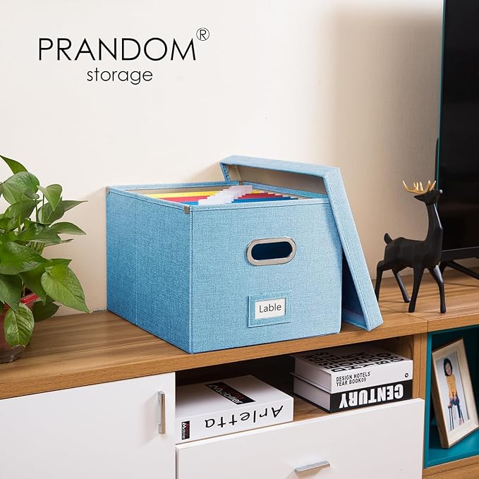 PRANDOM File Organizer Box - Set of 4 Collapsible Decorative Linen Filing Storage Hanging File Folders with Lids Office Cabinet Letter/Legal Size Blue 17.1x14x11.1 inch-DeskLoop Office
