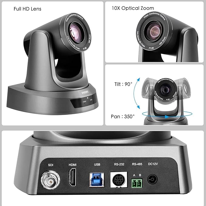 10X PTZ Conference Webcam with 3G-SDI/HDMI/USB Output, 1080P PTZ Live Streaming Camera for Church, Education, Conference Room Camera Attached Remote Control Work with Zoom, Skype, OBS-DeskLoop Office
