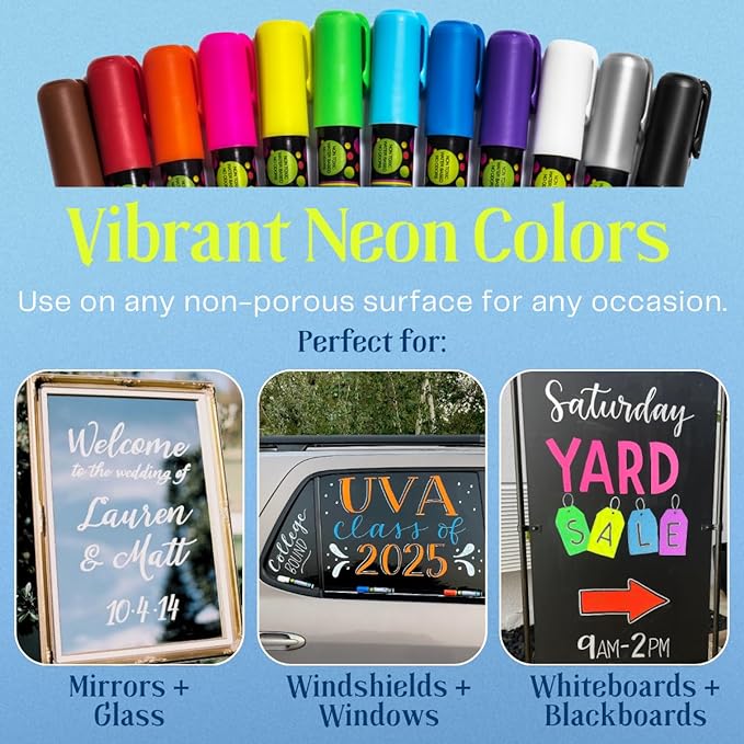 Liquid chalk markers 12 neon erasable Whiteboards, glass boards, chalkboards, windows, mirrors, car windshields, auto, glass. Odorless, non-toxic. Wet or dry erase. Thick and thin tip-DeskLoop Office