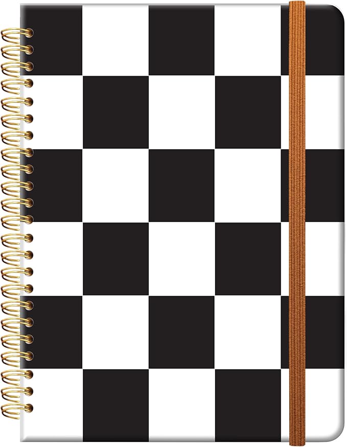 Ruled Spiral Writing Notebook,A5 Hardcover Lined College Journal for Women Lady,Fashion Puppy Watercolor Strong Twin-Wire Binding with Premium Paper,8.4" X 6",Perfect for School,Office,Home Gifts(Black White Checker)-DeskLoop Office