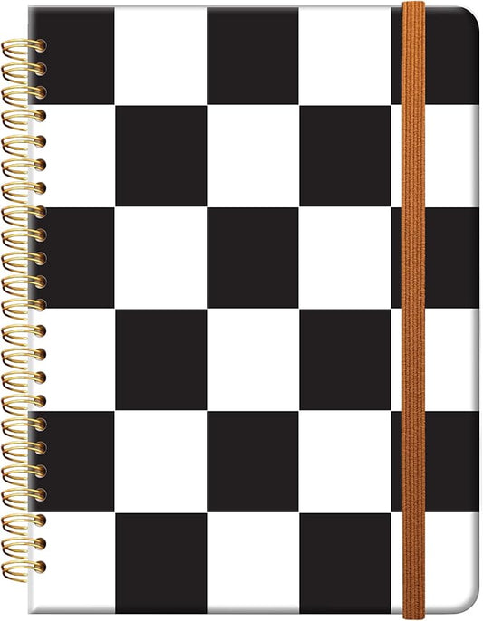 Ruled Spiral Writing Notebook,A5 Hardcover Lined College Journal for Women Lady,Fashion Puppy Watercolor Strong Twin-Wire Binding with Premium Paper,8.4" X 6",Perfect for School,Office,Home Gifts(Black White Checker)-DeskLoop Office