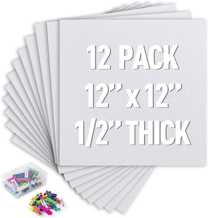 AKTOP White Cork Bulletin Board 12x12, 1/2" Thick Felt Cork Board Tiles 12 Pack, Small Square Pin Board for Wall, Self Adhesive Corkboards with 120 Push Pin Wood Clips for School, Home & Office-DeskLoop Office