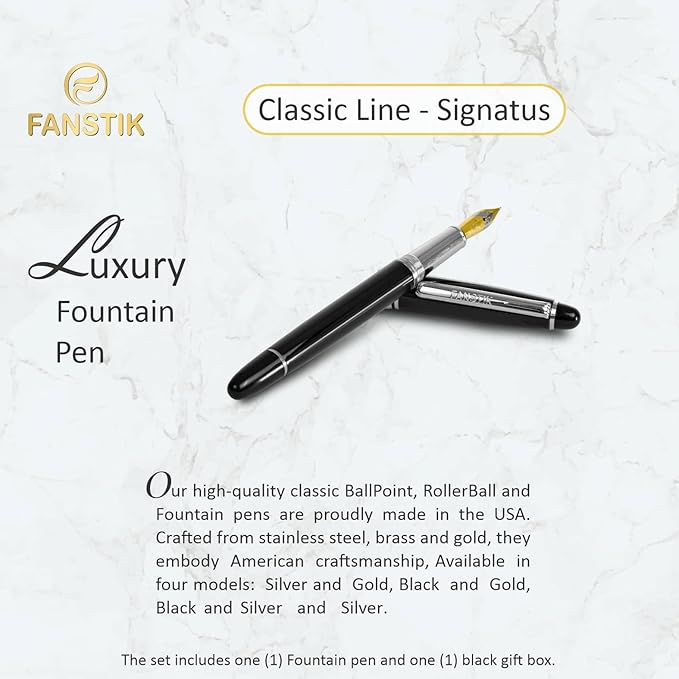 Customized Fountain pen with name (MADE IN USA), stainless steel, black and Silver, luxury engraved pen personalized for men and for women. (Fountain Black-Silver)-DeskLoop Office