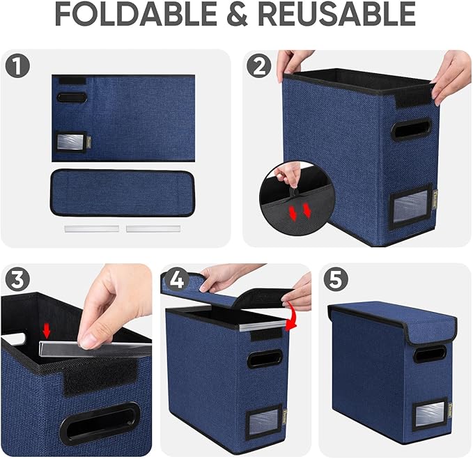 BALEINE File Organizer Box with Lid, Collapsible File Folder Organizer with Plastic Slide, Hanging File Folder Box for Office Document Storage (2 Pack, Blue, S)-DeskLoop Office