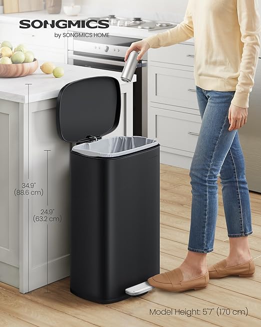 SONGMICS 13 Gallon (50 L) Trash Can, Stainless Steel Kitchen Garbage Can, Recycling or Waste Bin, Soft Close, Step-On Pedal, Removable Inner Bucket, Black ULTB050B01-DeskLoop Office