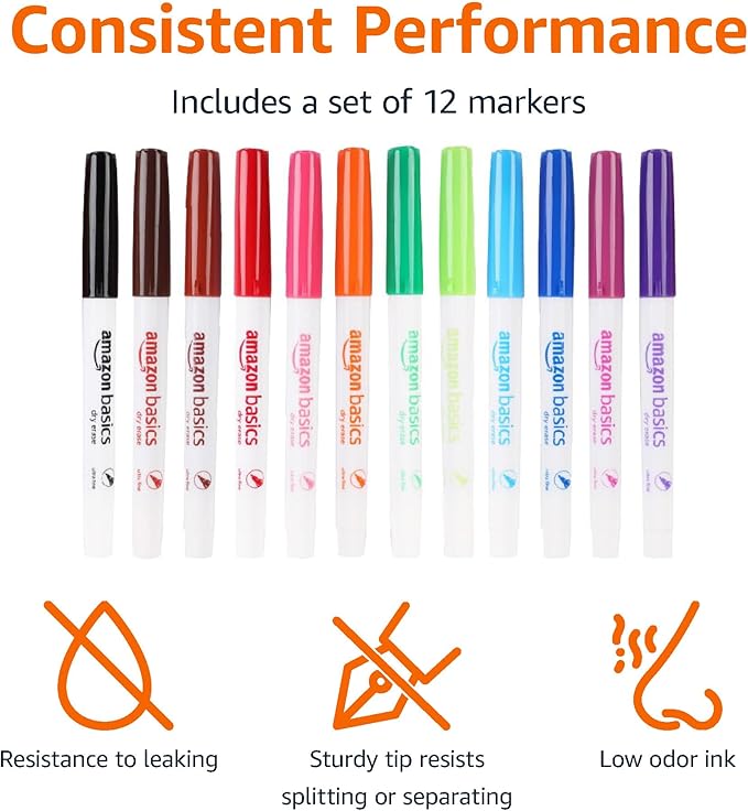 Amazon Basics Low Odor Ultra Fine Tip Dry Erase White Board Markers, Assorted Colors, 12-Pack-DeskLoop Office
