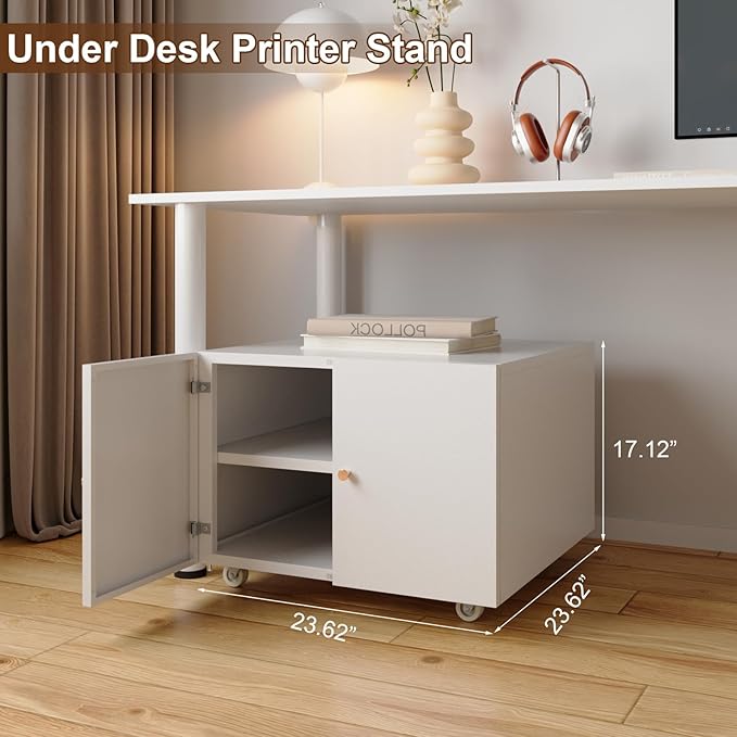 Under Desk Printer Stand with Wheels, Low Printer Stand Storage, Filing Cabinet with Paper Storage Shelf, File Carts with 2 Doors, Mobile Printer Holder for Home Office, School, White-DeskLoop Office