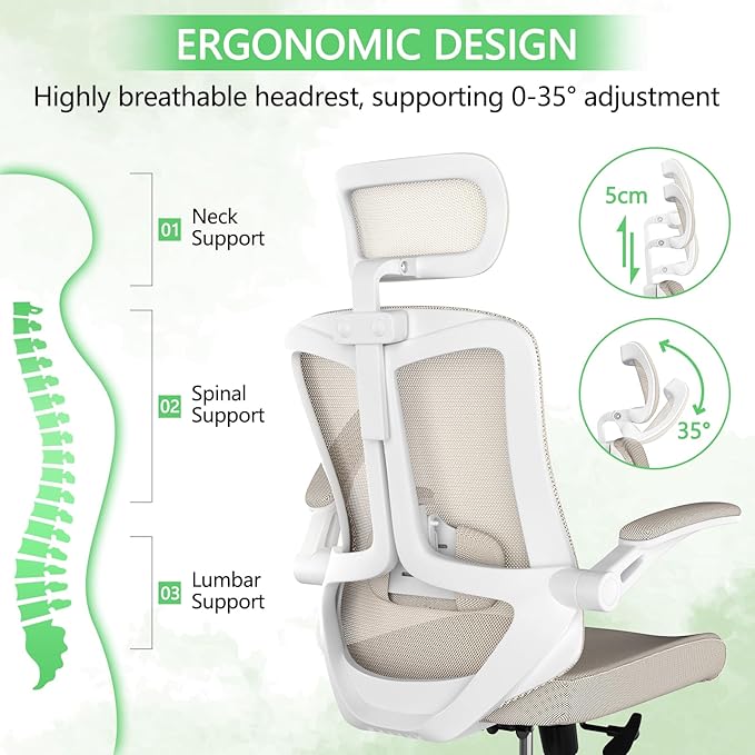 Desk Office Chair, Ergonomic High Back Comfy Computer Chairs with Wheels, Swivel Gaming Home Mesh Chair Comfortable Lumbar Support, Comfy Arms for Study, Home,Bedroom(Khaki)-DeskLoop Office
