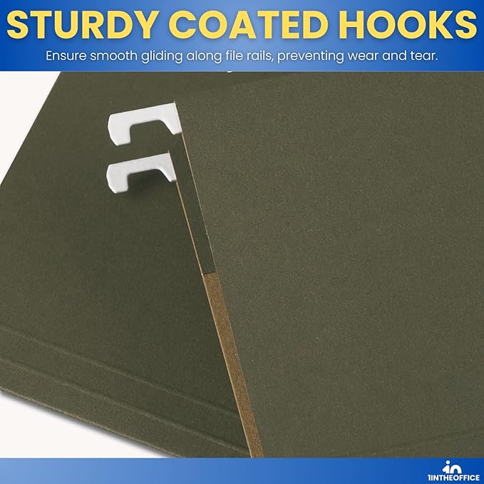 1InTheOffice Green Hanging File Folders Letter Size, Hanging Organizer File Folders, File Cabinet Folders, 1/5 Tabs, 11 pt, 50 Pack-DeskLoop Office