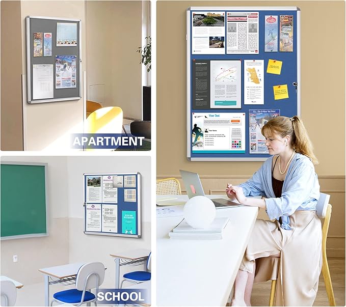 SWANCROWN Lockable Notice Board Tamperproof Enclosed Display Board for Home Office School,Wall-Mounted,Blue Fabric,26x20inch(4xA4)-DeskLoop Office