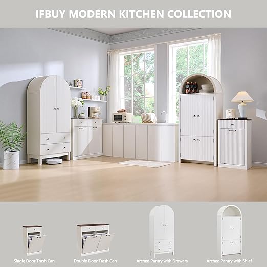 Modern Double Tilt-Out Trash Cabinet, 20 Gallon Fluted Laundry Hamper Cabinet w/2 Drawers, Wooden Hidden Garbage Can Cabinets with Storage Basket,Free Standing for Kitchen & Living Room, White-DeskLoop Office