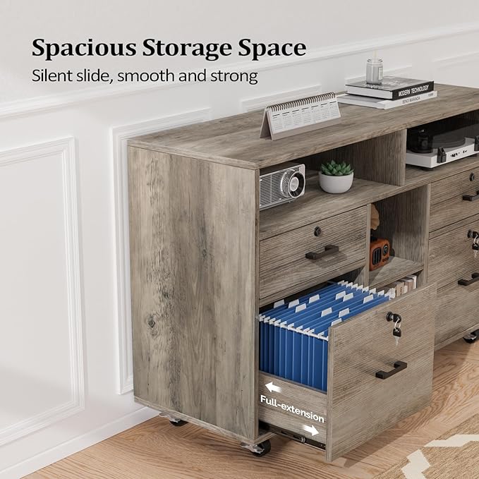 VINGLI Wide 4 Drawer File Cabinet with Lock, Rustic Grey Rolling File Cabinet with Open Shelves, Lockable Printer Stand, Letter Sized-DeskLoop Office