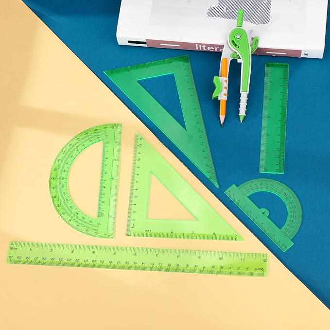 Zonon 1 Set Plastic Geometry Math Set 7 Pcs Includes 6'' / 4 '' Protractor, Drawing Compass, 45/60 Degree Triangle Rulers, 12'' / 6'' Math Ruler Transparent for Office Supplies(Green)-DeskLoop Office