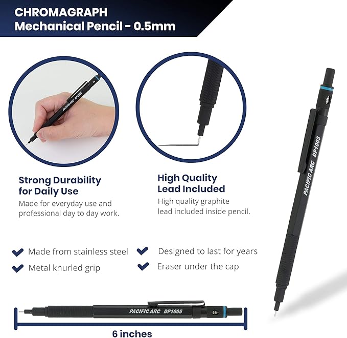 Pacific Arc Chromagraph Metal Mechanical Pencil .5 mm Black Barrel Mechanical Pencil with Built In Lead Pencil Grade Indicator, Lead Pencil Holder for Drafting, Sketching, and Drawing-DeskLoop Office
