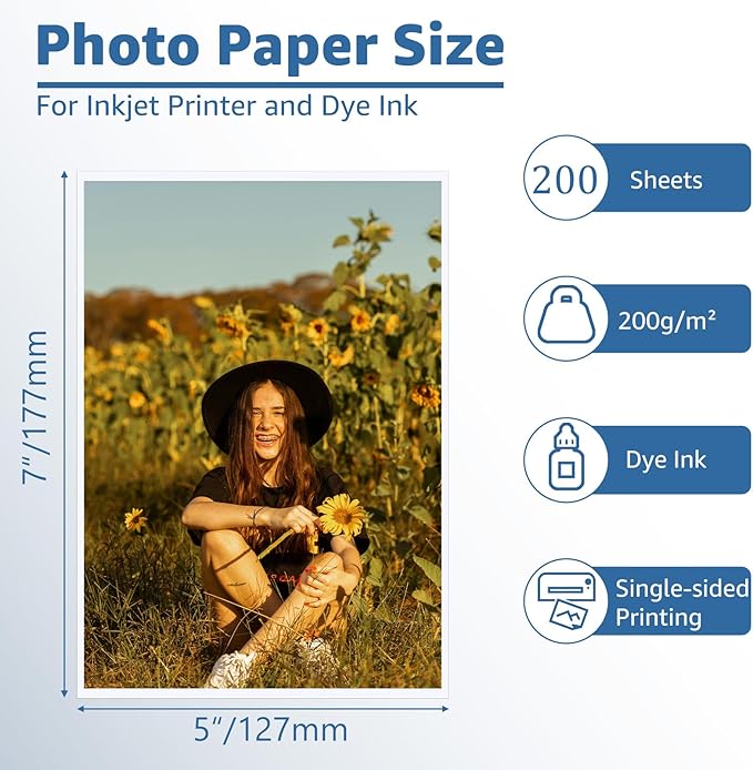 ZBEIVAN 5x7 Photo Paper, Glossy Photo Papers 200 Sheets, 5 x 7 Inkjet Printer Photo Paper for Dye Ink, 200 GSM-DeskLoop Office