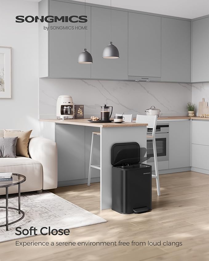 SONGMICS Kitchen Trash Can, 5.2-Gallon (20L) Garbage Can with Lid, Stainless Steel, Soft Close and Stays Open, Inner Bucket, Wide Non-Slip Pedal, Ink Black ULTB542B20-DeskLoop Office