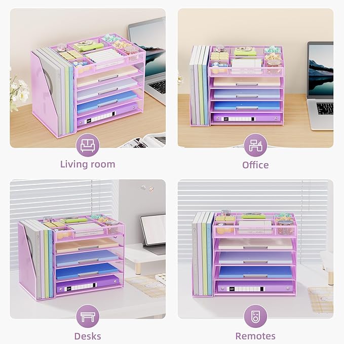 Marbrasse 5-Tier Desk Organizer with File Holder,Paper Letter Tray Organizer,Desktop File Organizer with Adjustable Compartments,Mesh Desk Organizers and Accessories for Office Supplies,Purple-DeskLoop Office
