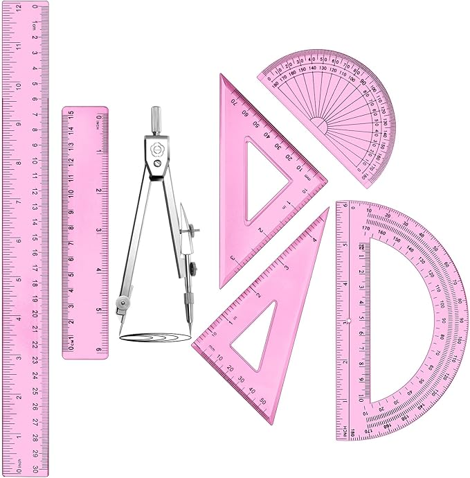 Zonon 1 Set Plastic Geometry Math Set Includes Drawing Compass, 6 Inch 4 Inch Protractor, 45/60 Degree Triangle Rulers 12 Inch 6 Inch Math Ruler Transparent for Office Supplies (Pink)-DeskLoop Office