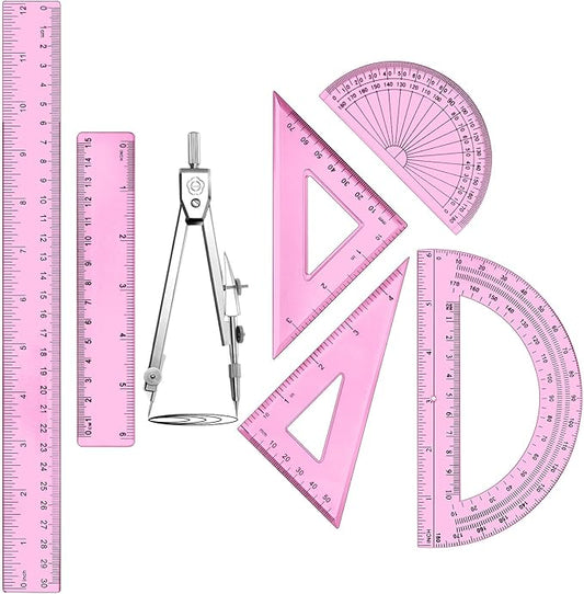 Zonon 1 Set Plastic Geometry Math Set Includes Drawing Compass, 6 Inch 4 Inch Protractor, 45/60 Degree Triangle Rulers 12 Inch 6 Inch Math Ruler Transparent for Office Supplies (Pink)-DeskLoop Office