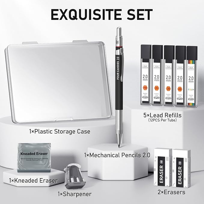 Four Candies 2MM Mechanical Pencil Set with case, Artist Led Pencil Metal Lead Holder with 60PCS Graphite Lead Refill (HB, 2H, 2B, 4B, Color) Kneaded Eraser, Sharpener for Writing, Drawing, Sketching-DeskLoop Office