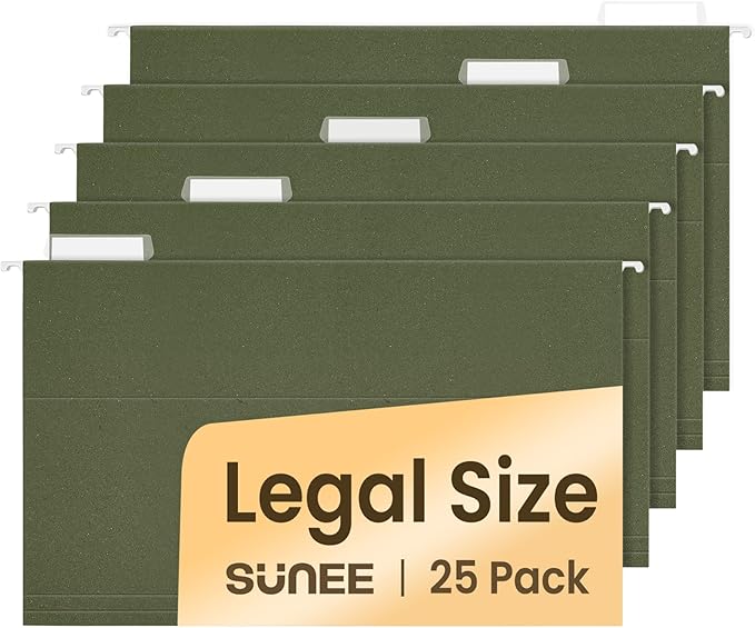SUNEE Hanging File Folders Legal Size,25 Pack Reinforced Hang Folders, Adjustable 1/5-Cut Tabs, Designed for Bulky Files, Filing Cabinet, Standard Green-DeskLoop Office