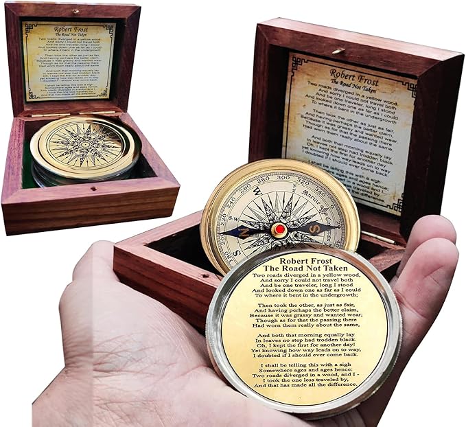 Antiqued Brass Robert Frost Poem Compass with Wooden Box, Inspirational Gifts for Woman, Aniversity Gifts for Men,Engraved Compass,Wedding for Boys, Pocket Compass for Hiking Survival-DeskLoop Office
