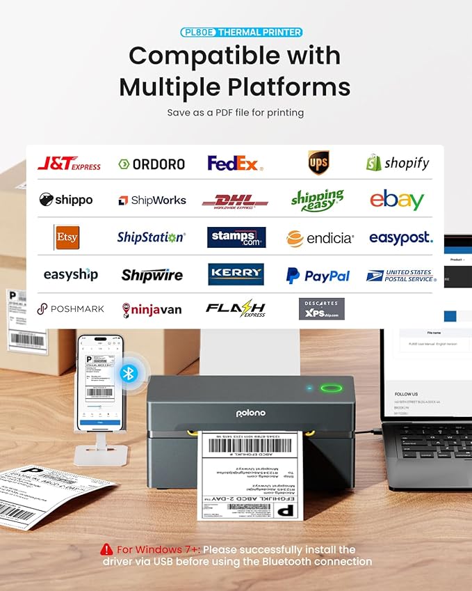 POLONO Bluetooth Thermal Shipping Label Printer, Wireless 4x6 Shipping Label Printer for Small Business, Support iOS, Android, Windows and Mac, Compatible with Amazon, Ebay, Shopify, Etsy, USPS (Grey)-DeskLoop Office