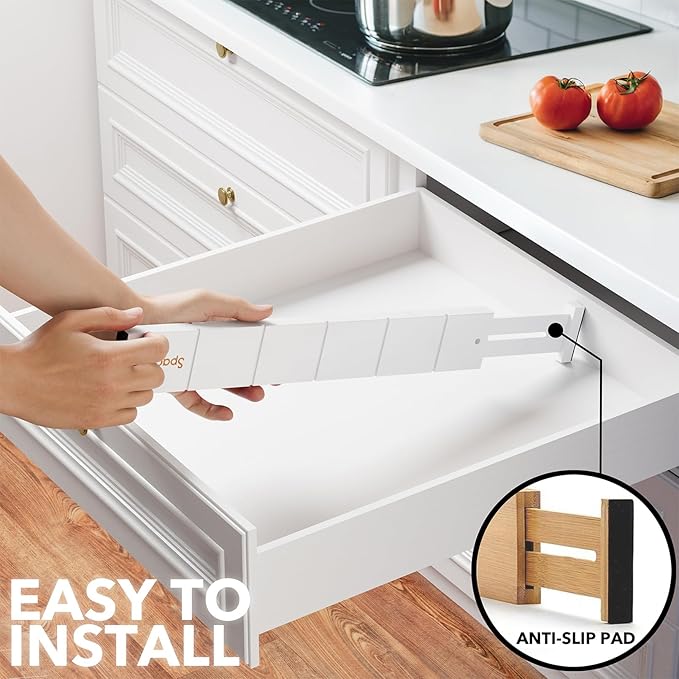 SpaceAid Bamboo Drawer Dividers with Inserts and Labels, Kitchen Adjustable Drawer Organizers, Expandable Organization for Home, Office, Dressers, 7 Dividers with 15 Inserts (17"-22" White)-DeskLoop Office