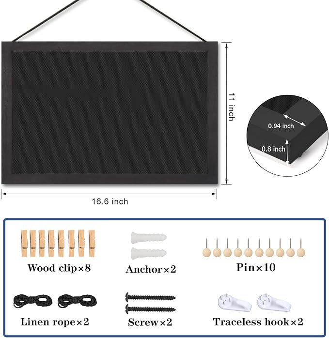 Miratino Pin Board Bulletin Board, 16 "x11 Black Linen Cork Boards for Walls with Black Frame ,Vision Board for Home Kitchen School Office Decor-DeskLoop Office