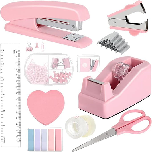 Office Desk Accessories, Pink Office Supplies Set Desk Accessories for Women, Cute Office Supplies with Stapler, Mini Stapler, Staple Remover, Tape, Clips, Scissor and Tabs, Stationary Set for Student-DeskLoop Office
